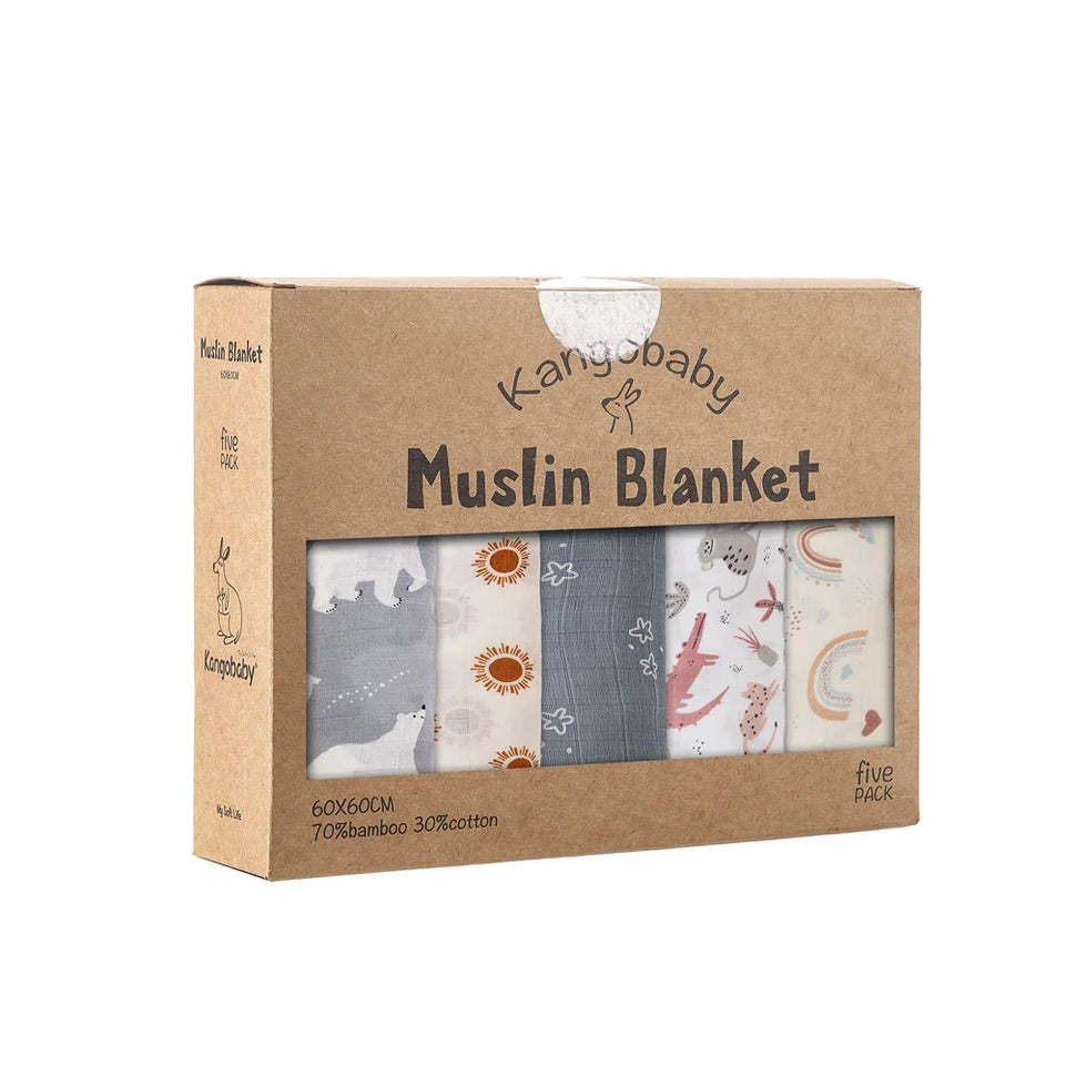 Kangobaby #My Soft Life# 5 Pieces Pack Multi-Functional Bamboo Cotton Muslin Blanket Baby Burp Cloth Set