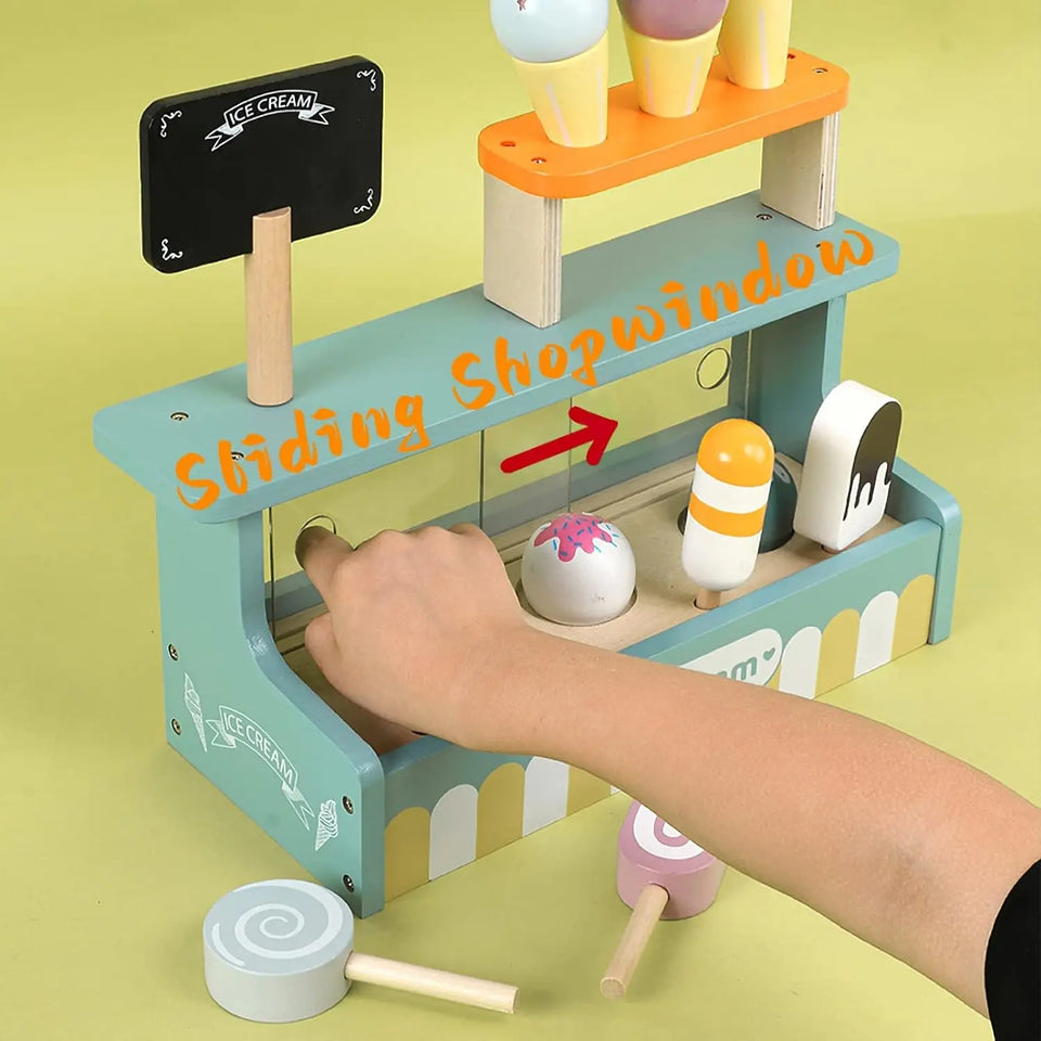 Wooden Ice Cream Counter Playset for Toddler Toys,  Montessori Pretend Play Food Toys Kitchen Accessories Early Learning AidsFV