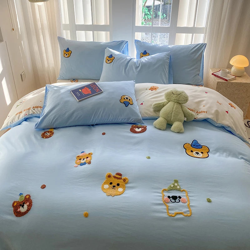 Bedding Set Ins Blue Pink lovely embroidery Mixed With Washed Cotton Minimalist Four Piece Set Fitted Sheets Duvet Cover