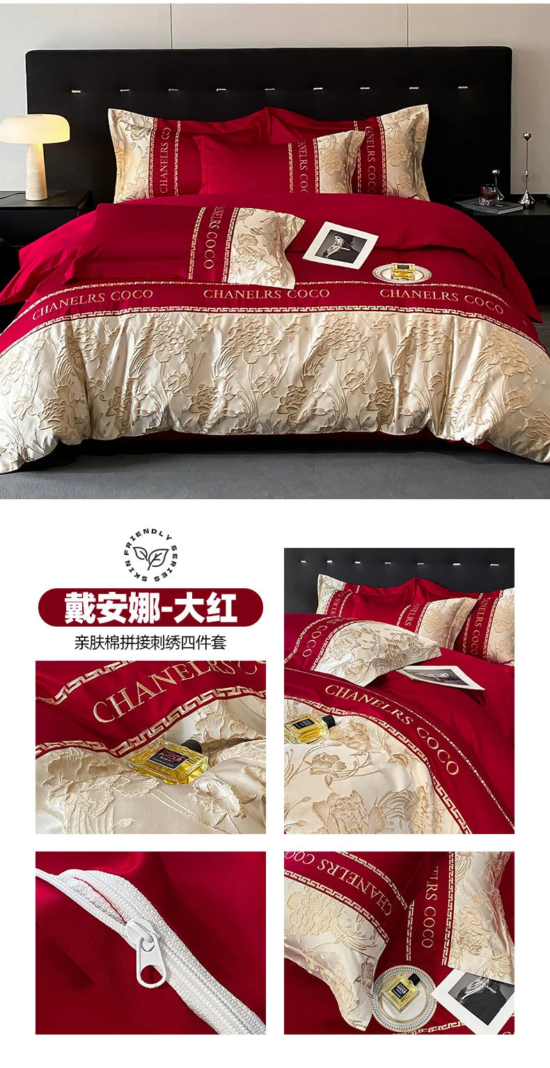 European Bedding Set High-end Luxury Cotton Four-piece Set Cotton Embroidery Quilt Cover Sheets Hats Senior Sense Bedding