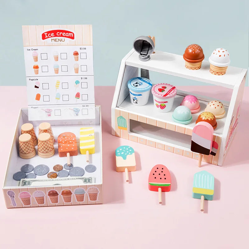 Wooden Ice Cream Counter Playset for Toddler Toys,  Montessori Pretend Play Food Toys Kitchen Accessories Early Learning AidsFV