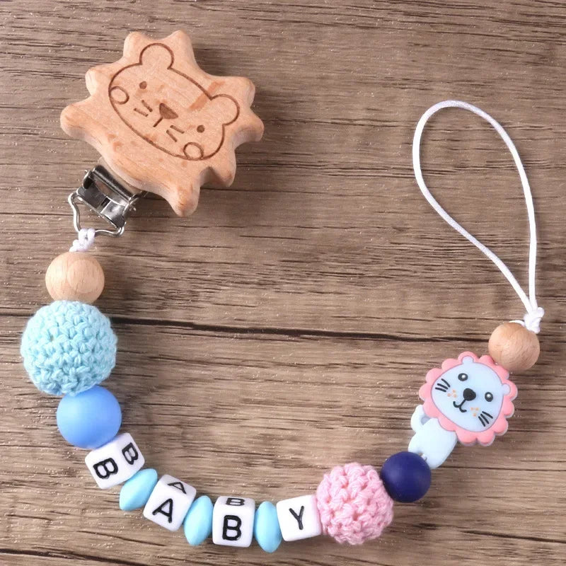 Baby Pacifier Clips Personalized Name DIY Wood Lion Silicone Dummy Nipples Holder Clip Chain Newborn Accessories Infant Feeding