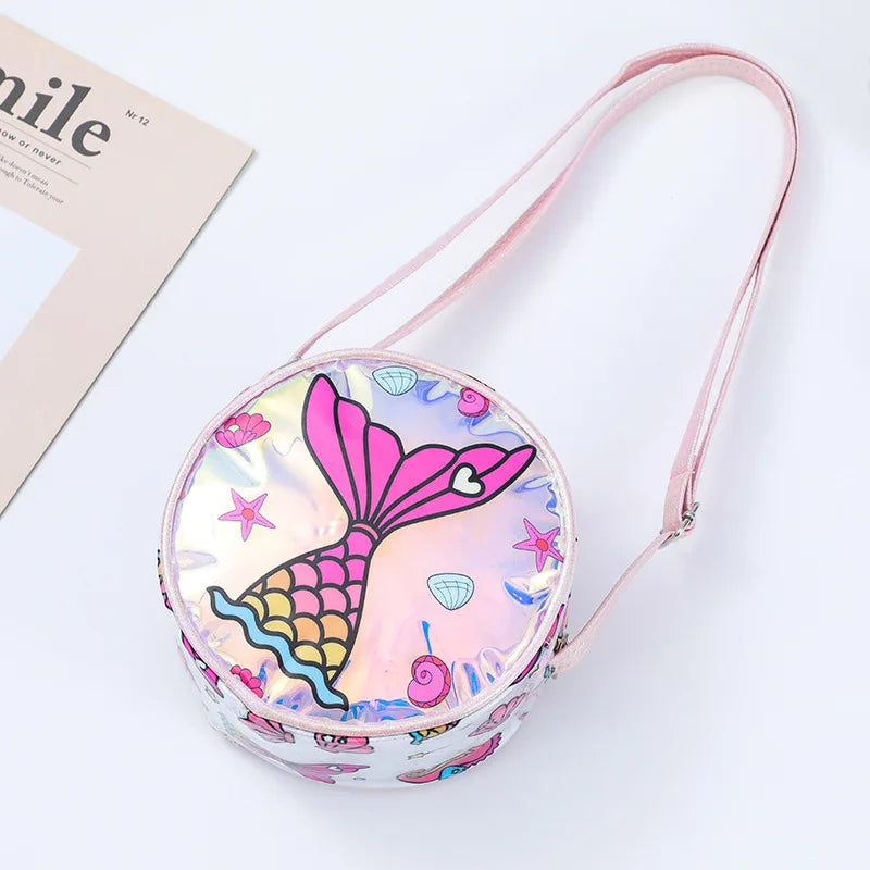 Kids Accessories Summer Lovely Kids Girls Sequin Crossbody Bag 3 Colors Cartoon Printed Round Shoulder Bag with Adjustable Strap