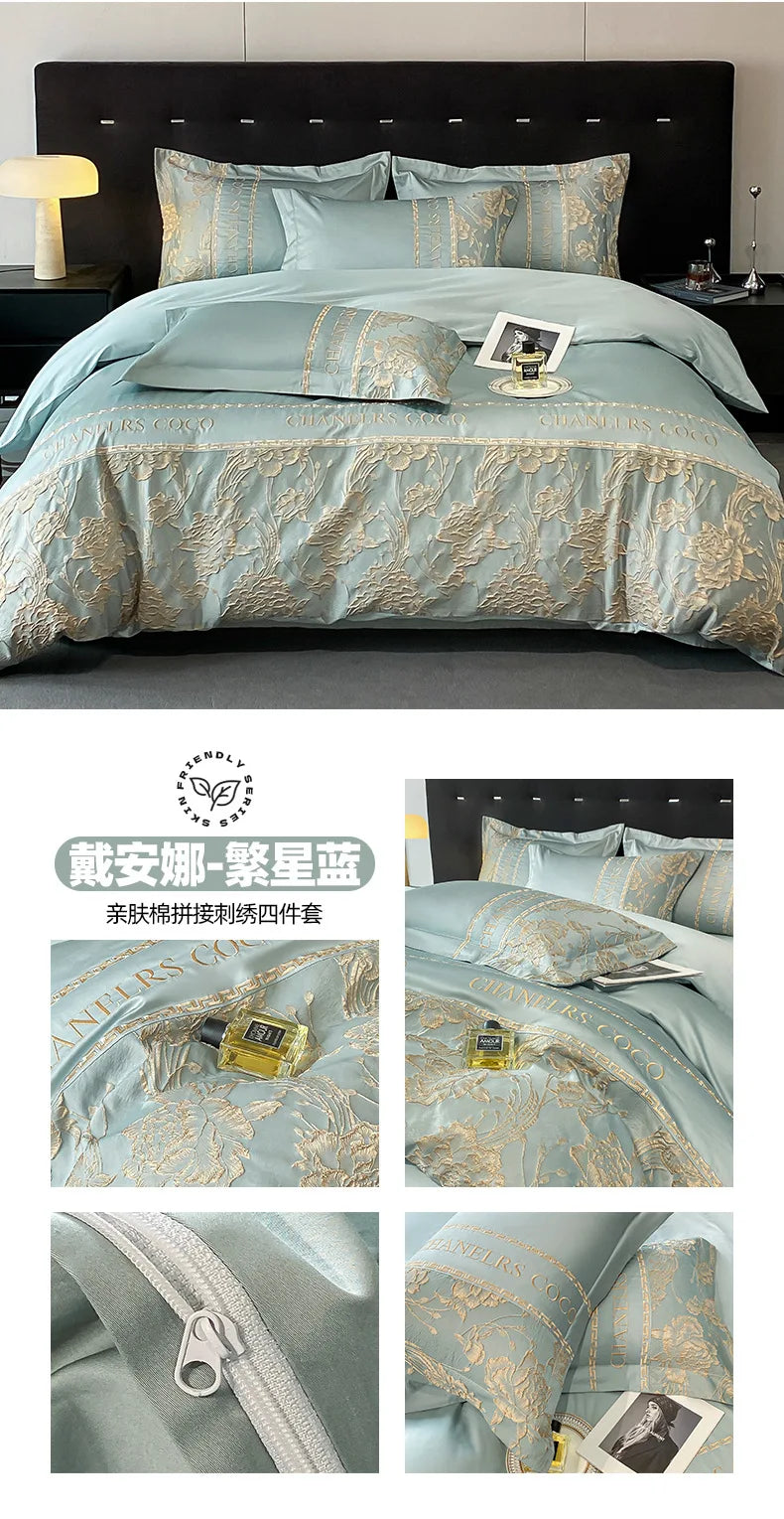 European Bedding Set High-end Luxury Cotton Four-piece Set Cotton Embroidery Quilt Cover Sheets Hats Senior Sense Bedding