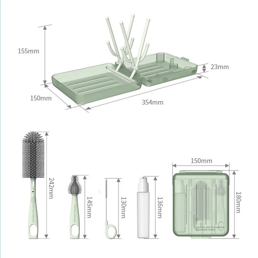 Travel Bottle Brush Set, Auto-Open Rack & Vertical Brushs Drying Slots, 3 Brushes, Foldable Drying Rack, Travel Baby Essentials