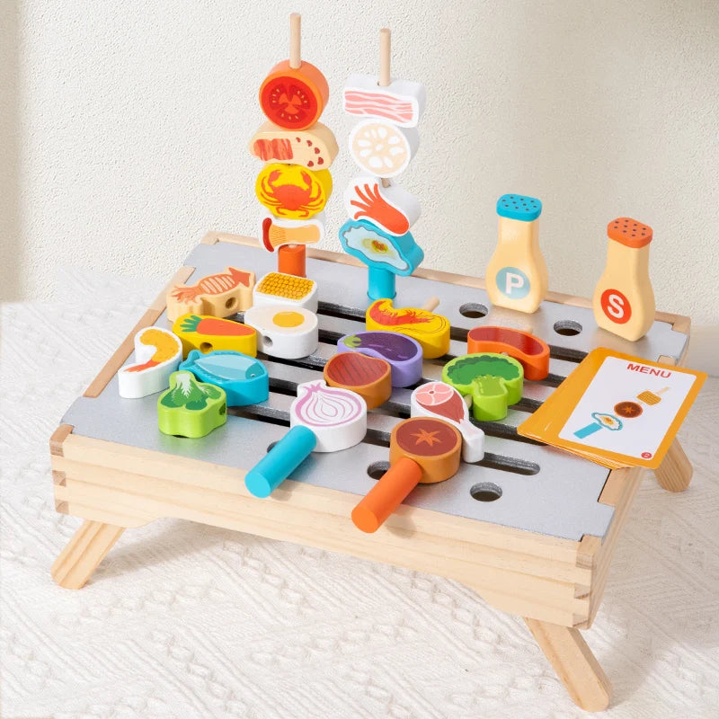Children's Wooden Imitation Barbecue Grill Toy For Role-Playing Home Cooking And Food Recognition Available In Two Styles