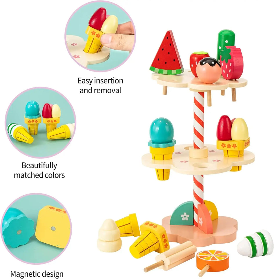 Wooden Ice Cream Counter Playset for Toddler Toys,  Montessori Pretend Play Food Toys Kitchen Accessories Early Learning AidsFV