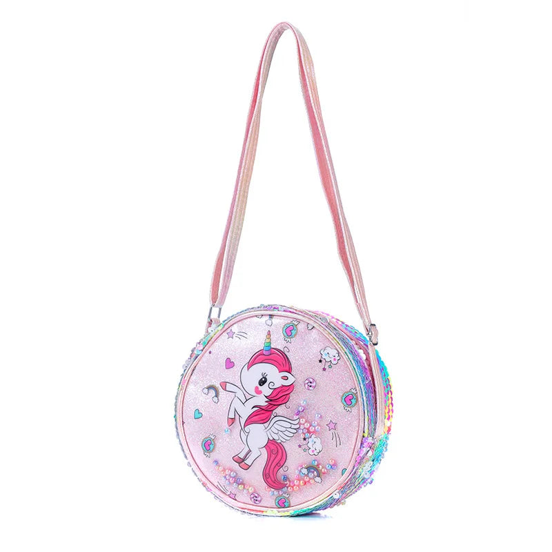 Kids Accessories Summer Lovely Kids Girls Sequin Crossbody Bag 3 Colors Cartoon Printed Round Shoulder Bag with Adjustable Strap