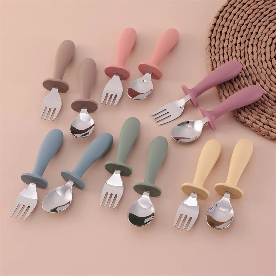 Color Kids 2PCS Stainless Steel Spoon Fork Set Dishwasher Safe BPA Free Utensils Baby Feeding Cutlery  Baby Newborn Items