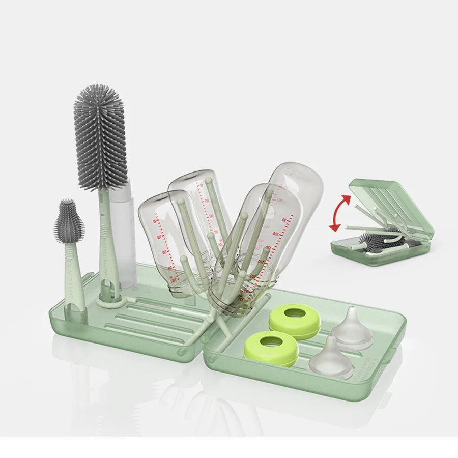 Travel Bottle Brush Set, Auto-Open Rack & Vertical Brushs Drying Slots, 3 Brushes, Foldable Drying Rack, Travel Baby Essentials