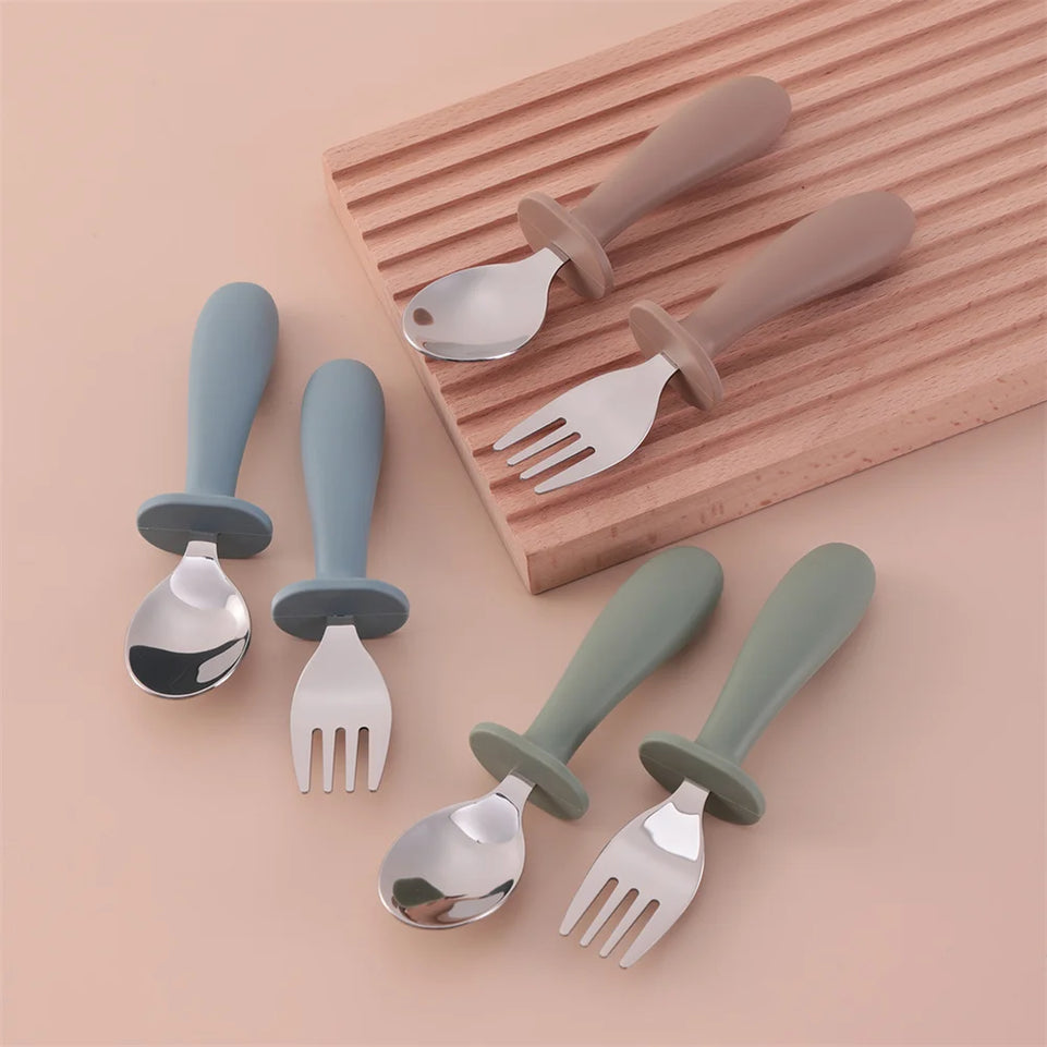 Color Kids 2PCS Stainless Steel Spoon Fork Set Dishwasher Safe BPA Free Utensils Baby Feeding Cutlery  Baby Newborn Items