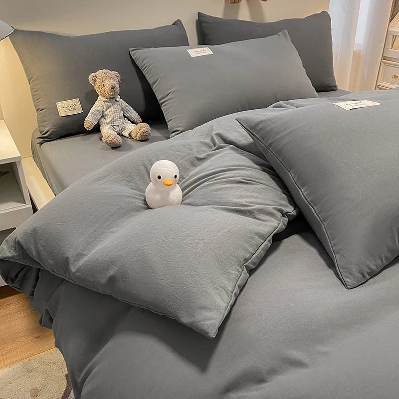 European Bedding Set with Checkered Print Comfortable Breathable Fitted Sheet Duvet Cover Pillowcase Single Queen Size Bed Linen