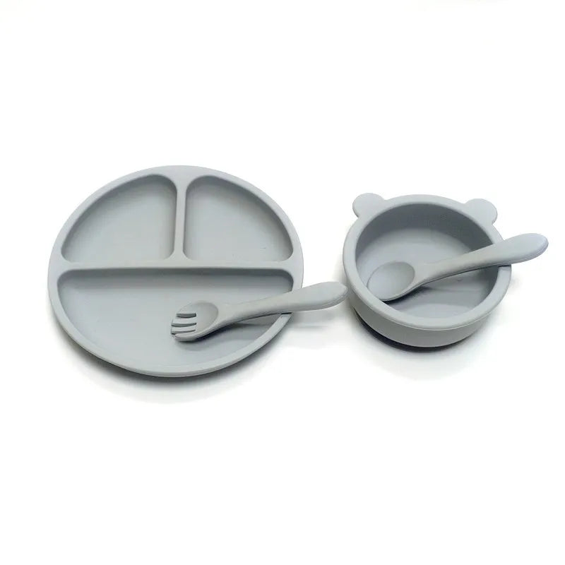 4pcs Auxiliary silicone tableware sets children eating suction cup bowl baby spoon dinner plate kindergarten set