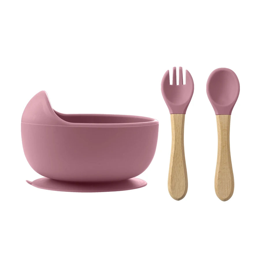 3PCS Food Grade Silicone Baby Feeding Bowl Set Solid Color Dishes Waterproof Feeding Bowl With Spoon Fork Children Tableware
