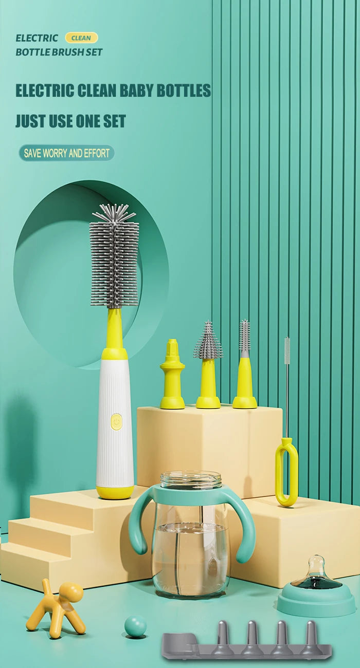 Electric 360 Degree Rotation 6 in 1 Silicone Baby Bottle Pacifier Brush Wash Water Cup Container Straw Cleaning Brush Set