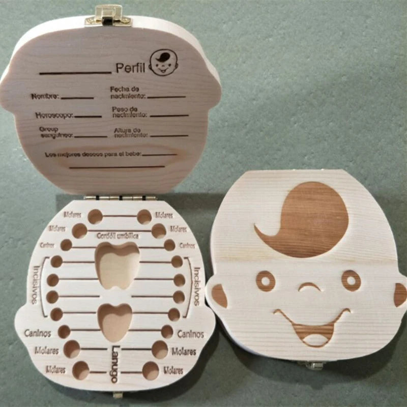 1pc-Baby Tooth Box Spanish Wooden Kids Milk Teeth Organizer Storage Boys Girls Baby Souvenirs Gifts Keepsakes