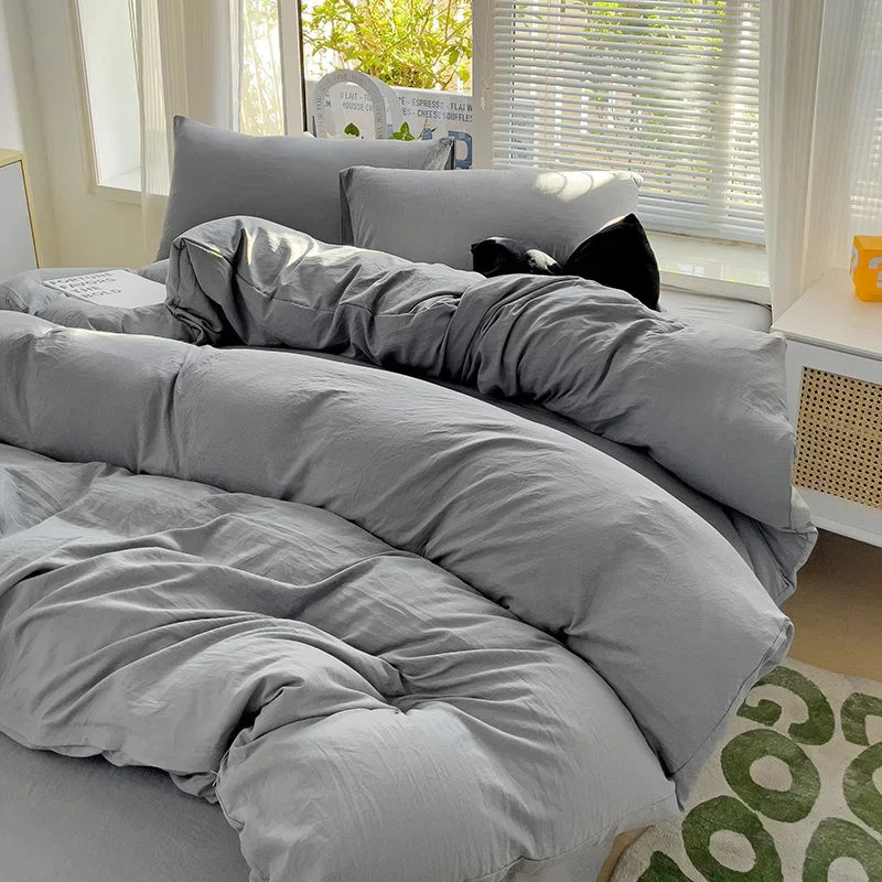 Solid Cotton Bedding Set For Boys with Sheet Duvet Cover Pillowcase Single Couple Bedsheet King Queen Double Twin Size Bed Linen