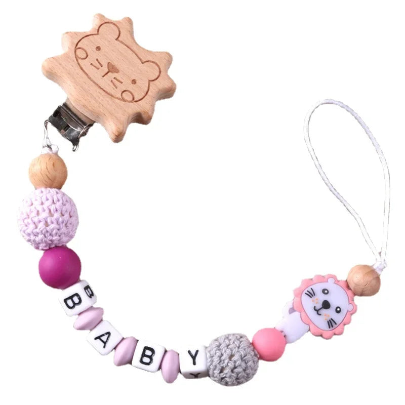 Baby Pacifier Clips Personalized Name DIY Wood Lion Silicone Dummy Nipples Holder Clip Chain Newborn Accessories Infant Feeding