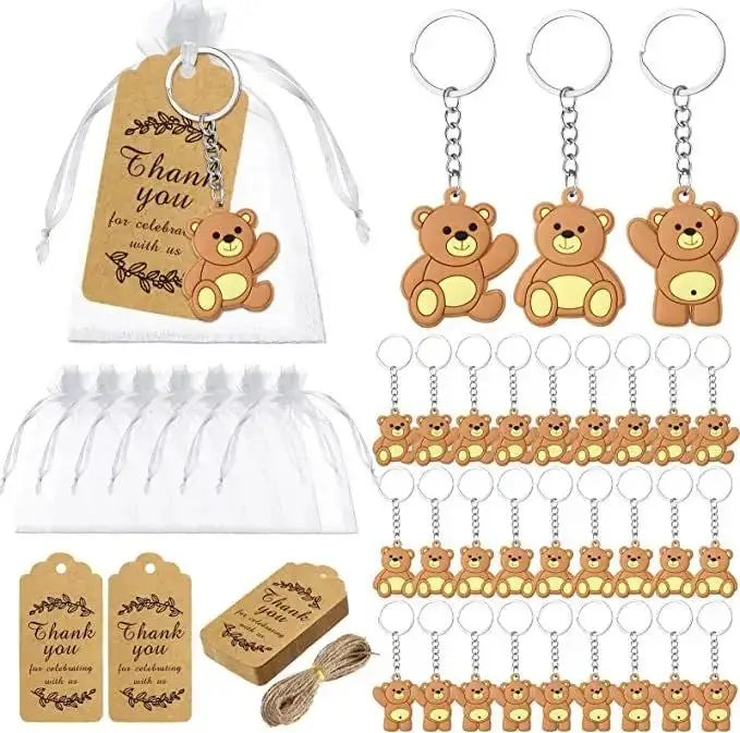 30pcs Baby Shower Souvenirs Gift Bear Keychain with Organza Bag Thank You Kraft Tag for Guests Girl Boy Birthday Party Supply
