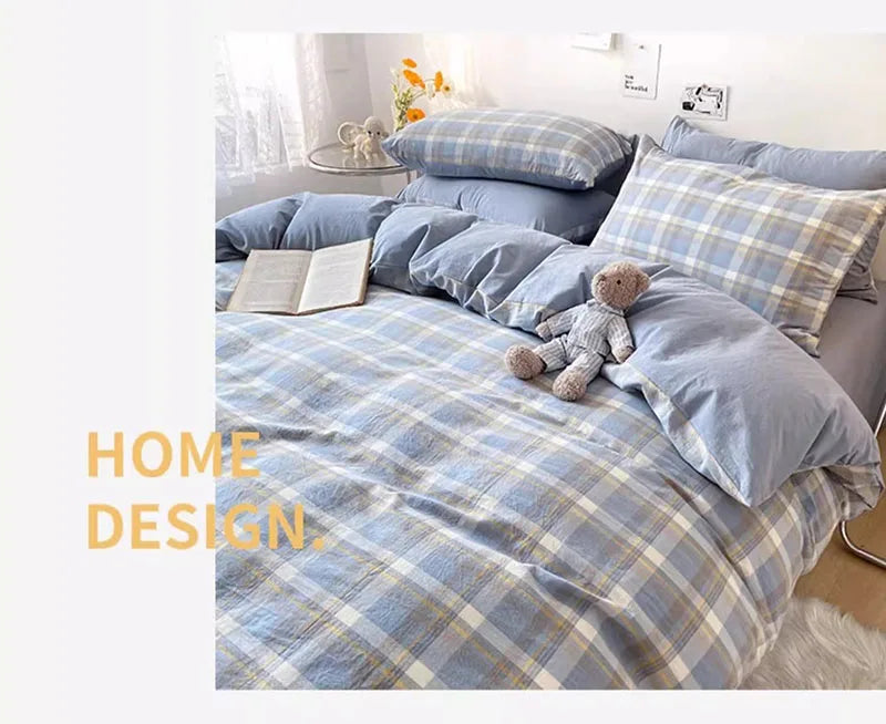 European Bedding Set with Checkered Print Comfortable Breathable Fitted Sheet Duvet Cover Pillowcase Single Queen Size Bed Linen
