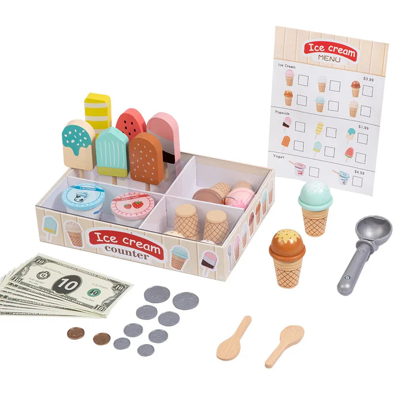 Wooden Ice Cream Counter Playset for Toddler Toys,  Montessori Pretend Play Food Toys Kitchen Accessories Early Learning AidsFV