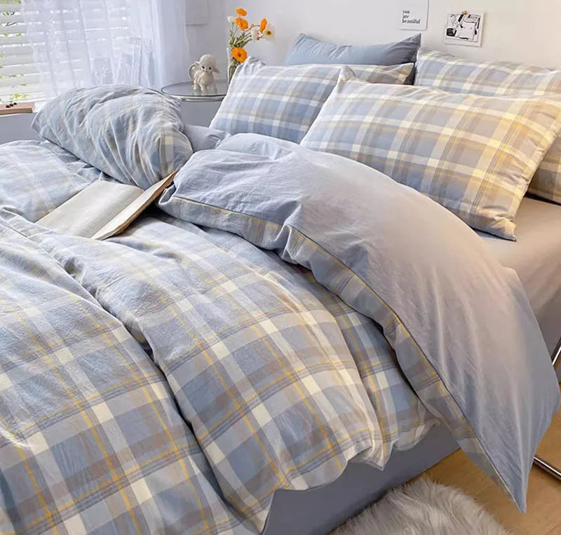 European Bedding Set with Checkered Print Comfortable Breathable Fitted Sheet Duvet Cover Pillowcase Single Queen Size Bed Linen