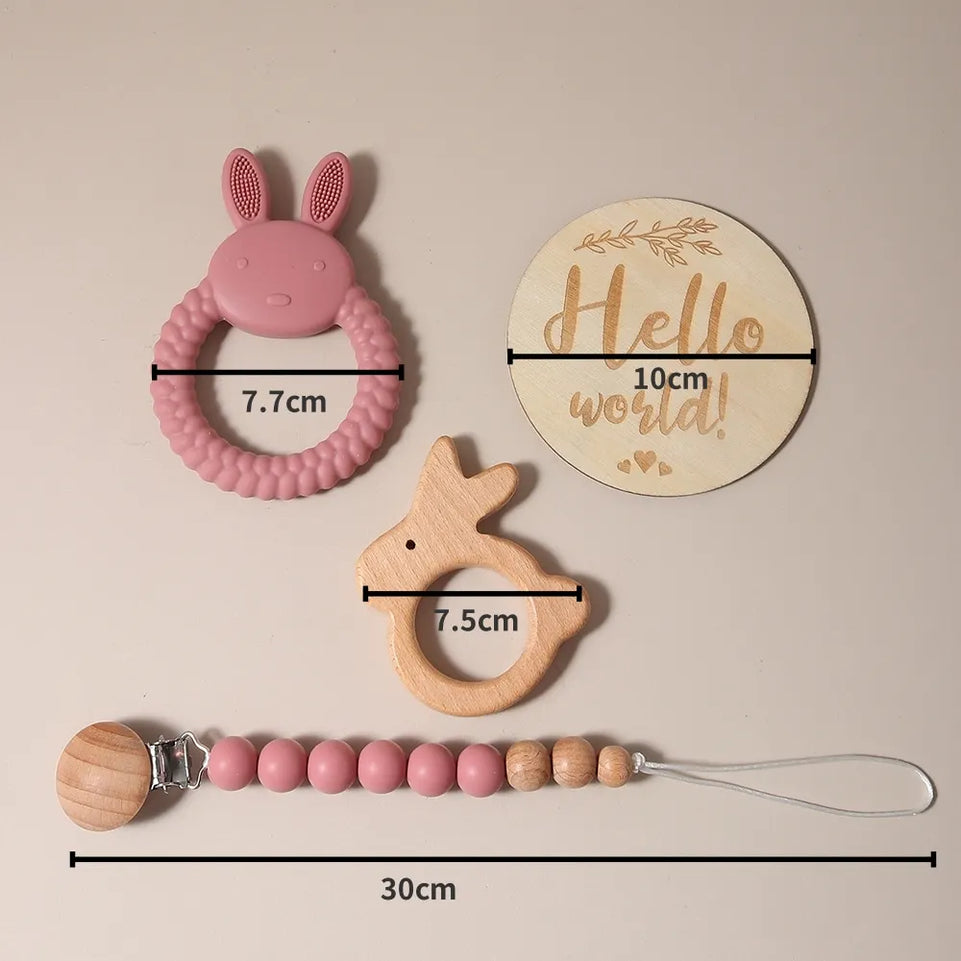 New born baby gift set silicone bunny teether wooden bunny rattle Photography props