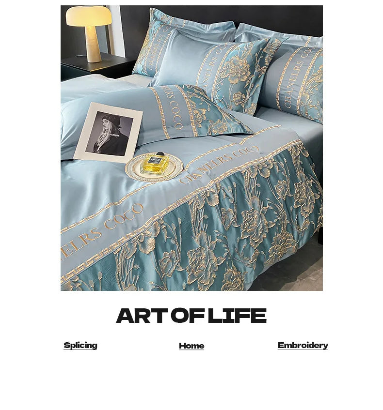 European Bedding Set High-end Luxury Cotton Four-piece Set Cotton Embroidery Quilt Cover Sheets Hats Senior Sense Bedding