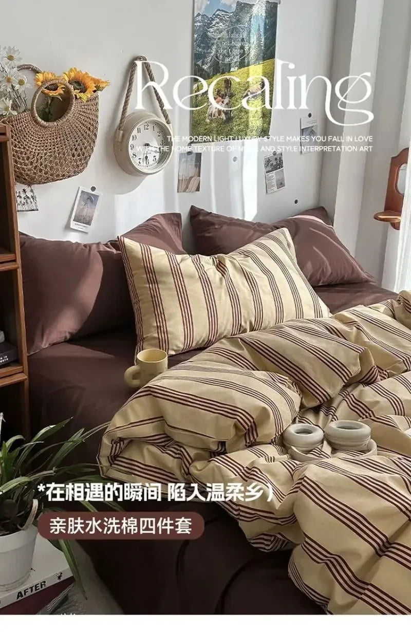 Bedding Set Ins Ambiance Blue Coffee Grid Mixed With Washed Cotton Minimalist Four Piece Set Fitted Sheets Duvet Cover