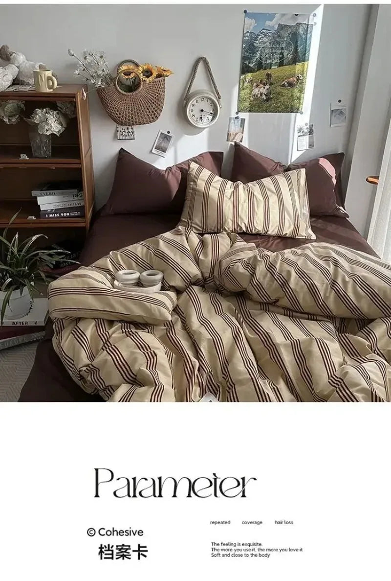 Bedding Set Ins Ambiance Blue Coffee Grid Mixed With Washed Cotton Minimalist Four Piece Set Fitted Sheets Duvet Cover