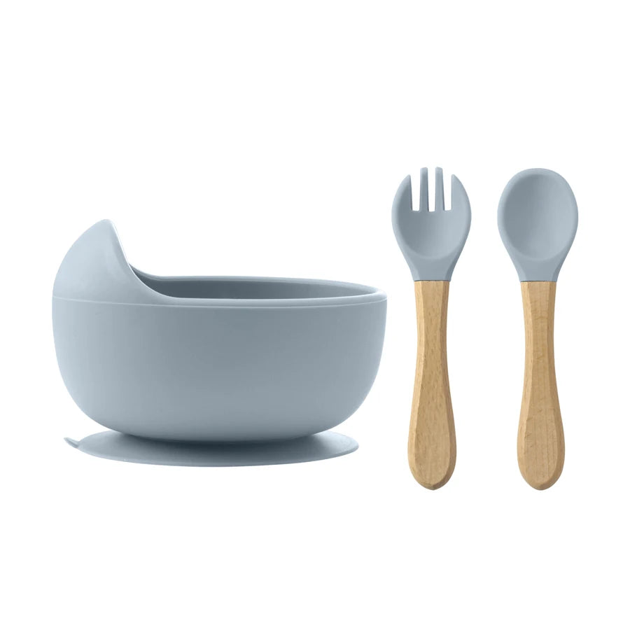 3PCS Food Grade Silicone Baby Feeding Bowl Set Solid Color Dishes Waterproof Feeding Bowl With Spoon Fork Children Tableware