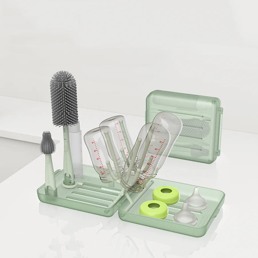 Travel Bottle Brush Set, Auto-Open Rack & Vertical Brushs Drying Slots, 3 Brushes, Foldable Drying Rack, Travel Baby Essentials
