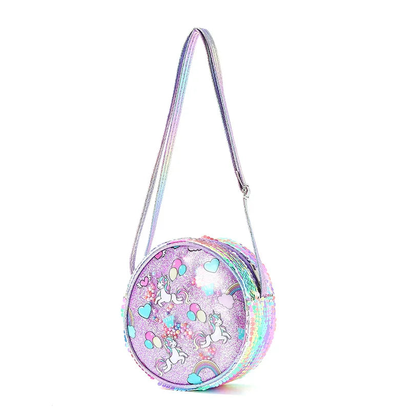 Kids Accessories Summer Lovely Kids Girls Sequin Crossbody Bag 3 Colors Cartoon Printed Round Shoulder Bag with Adjustable Strap