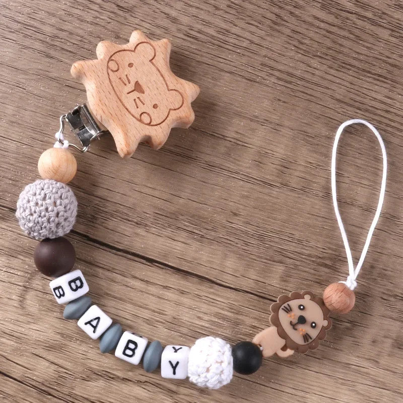 Baby Pacifier Clips Personalized Name DIY Wood Lion Silicone Dummy Nipples Holder Clip Chain Newborn Accessories Infant Feeding
