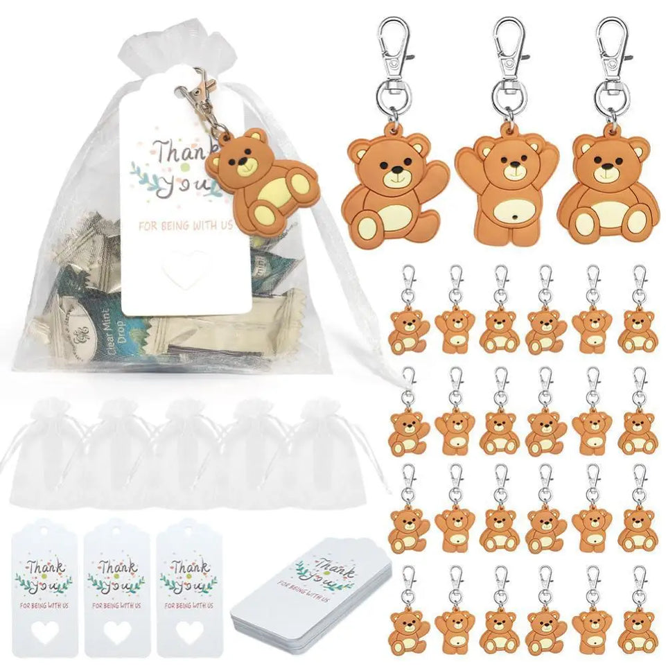 30pcs Baby Shower Souvenirs Gift Bear Keychain with Organza Bag Thank You Kraft Tag for Guests Girl Boy Birthday Party Supply