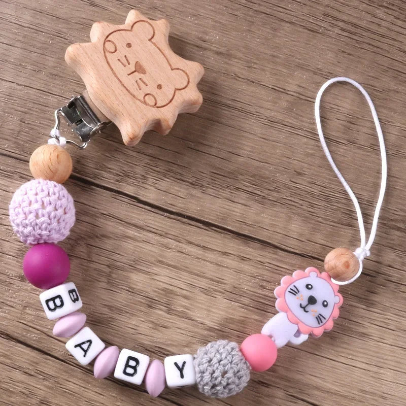 Baby Pacifier Clips Personalized Name DIY Wood Lion Silicone Dummy Nipples Holder Clip Chain Newborn Accessories Infant Feeding