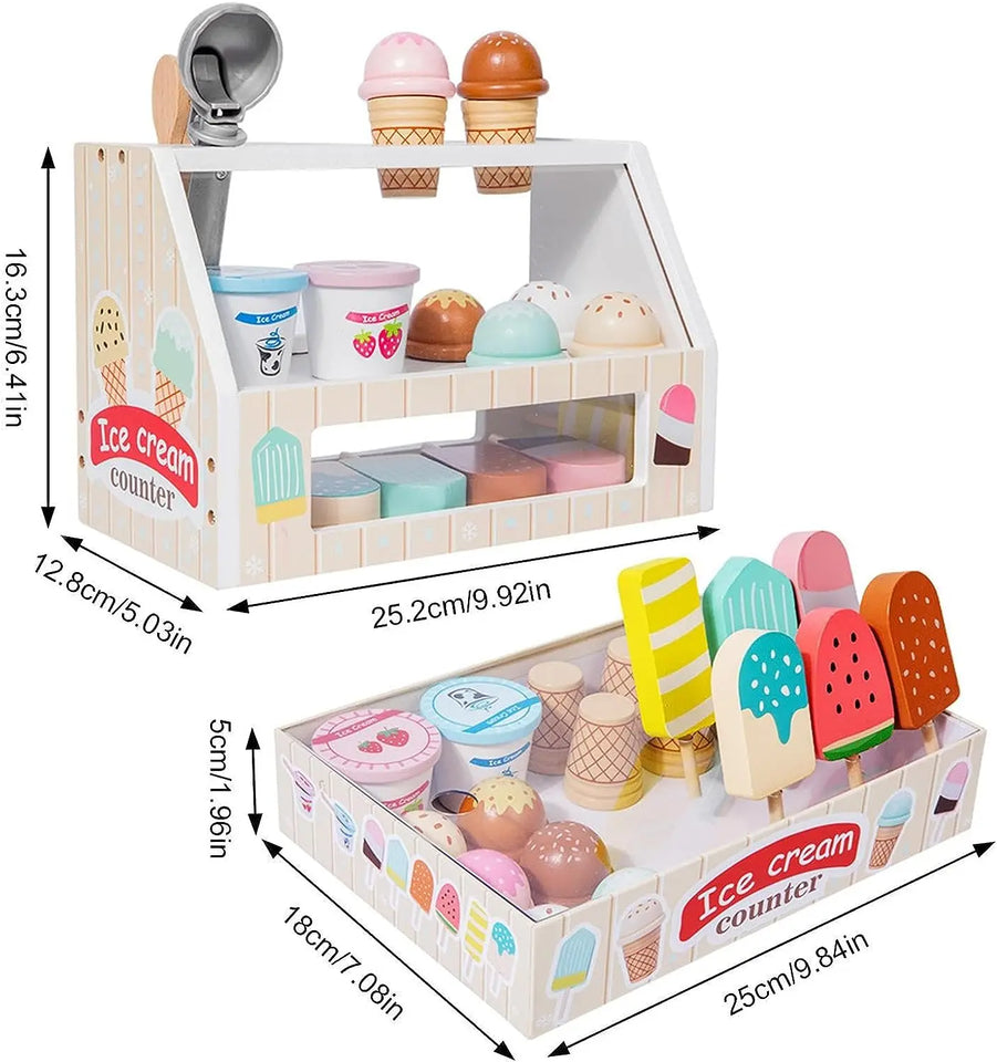 Wooden Ice Cream Counter Playset for Toddler Toys,  Montessori Pretend Play Food Toys Kitchen Accessories Early Learning AidsFV