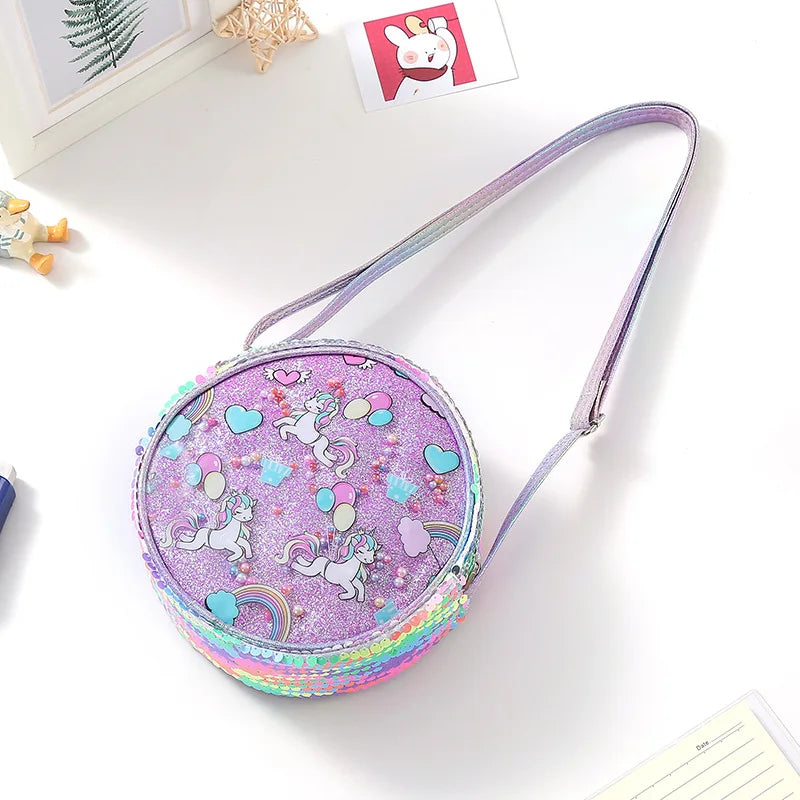 Kids Accessories Summer Lovely Kids Girls Sequin Crossbody Bag 3 Colors Cartoon Printed Round Shoulder Bag with Adjustable Strap