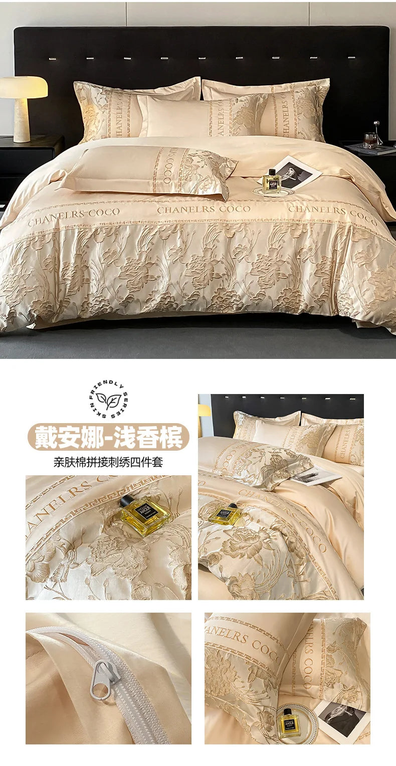 European Bedding Set High-end Luxury Cotton Four-piece Set Cotton Embroidery Quilt Cover Sheets Hats Senior Sense Bedding