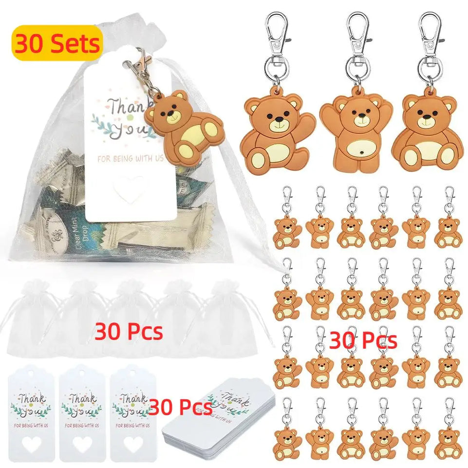 30pcs Baby Shower Souvenirs Gift Bear Keychain with Organza Bag Thank You Kraft Tag for Guests Girl Boy Birthday Party Supply