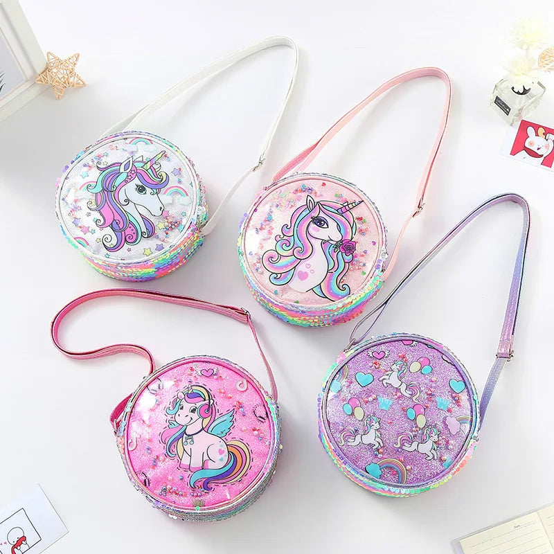 Kids Accessories Summer Lovely Kids Girls Sequin Crossbody Bag 3 Colors Cartoon Printed Round Shoulder Bag with Adjustable Strap