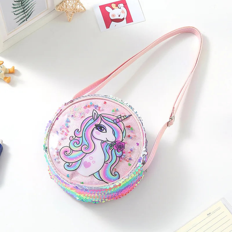 Kids Accessories Summer Lovely Kids Girls Sequin Crossbody Bag 3 Colors Cartoon Printed Round Shoulder Bag with Adjustable Strap