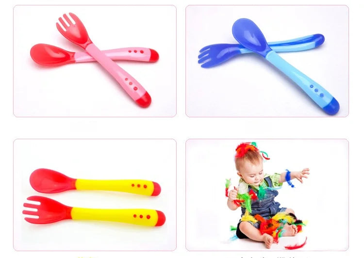 Baby Temperature Sensing Spoon Fork Set for Newborn Children Safety Flatware Solid Feeding Anti Scald Spoons Feeder Utensils