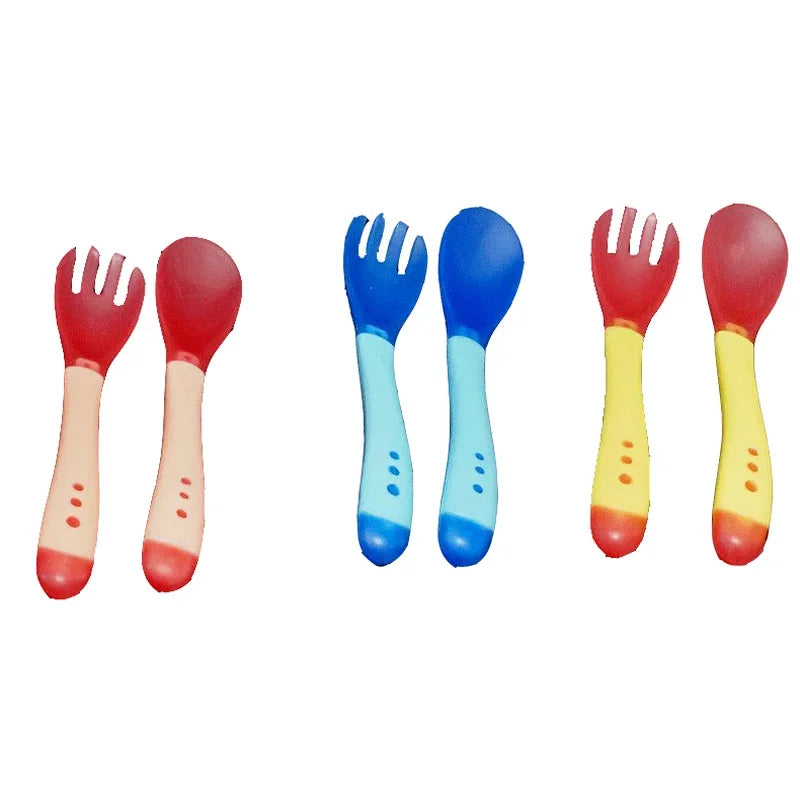 Baby Temperature Sensing Spoon Fork Set for Newborn Children Safety Flatware Solid Feeding Anti Scald Spoons Feeder Utensils