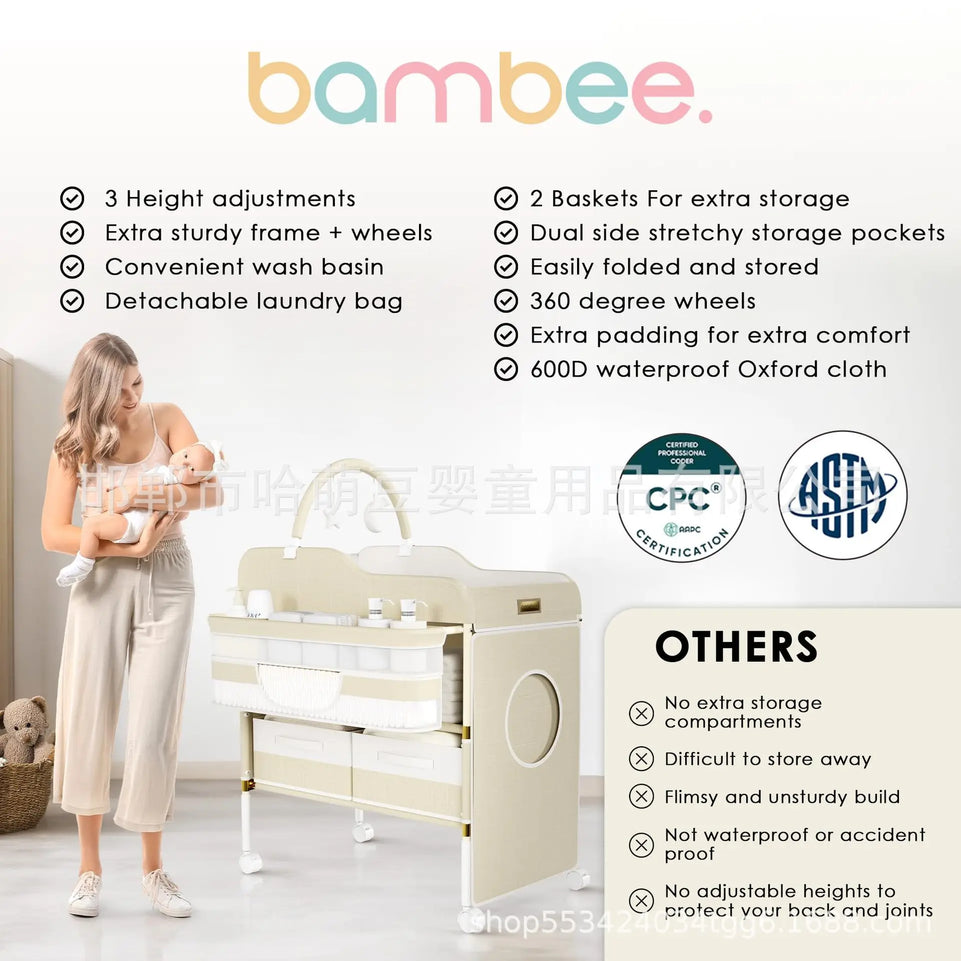 BabyCare Plus 5-in-1 Portable Changing Station  Diaper Table with Massage Pad & Wheels Mobile Nursery Center (0-24 Months)