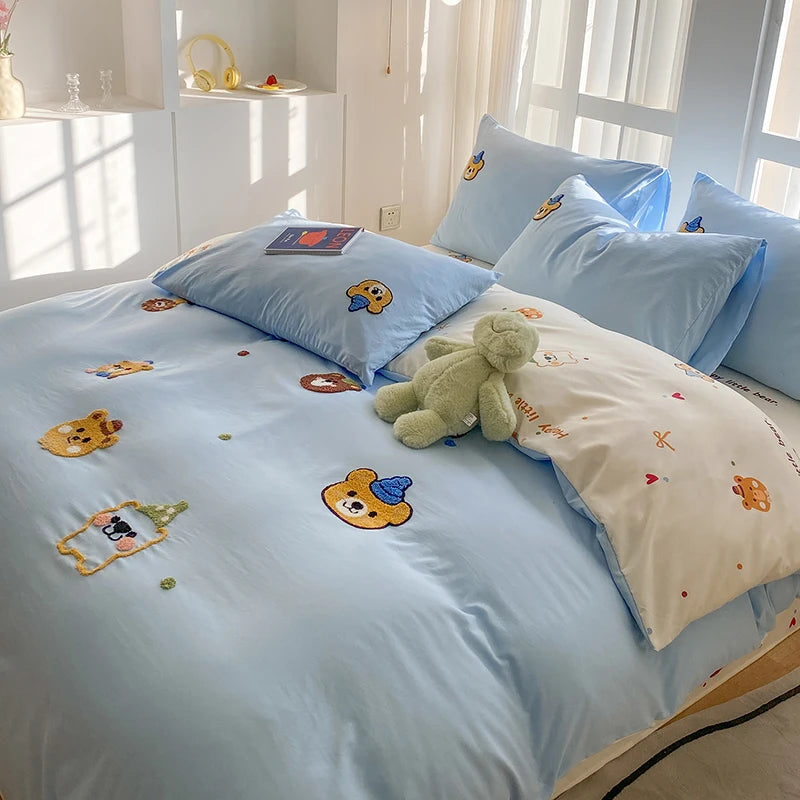 Bedding Set Ins Blue Pink lovely embroidery Mixed With Washed Cotton Minimalist Four Piece Set Fitted Sheets Duvet Cover