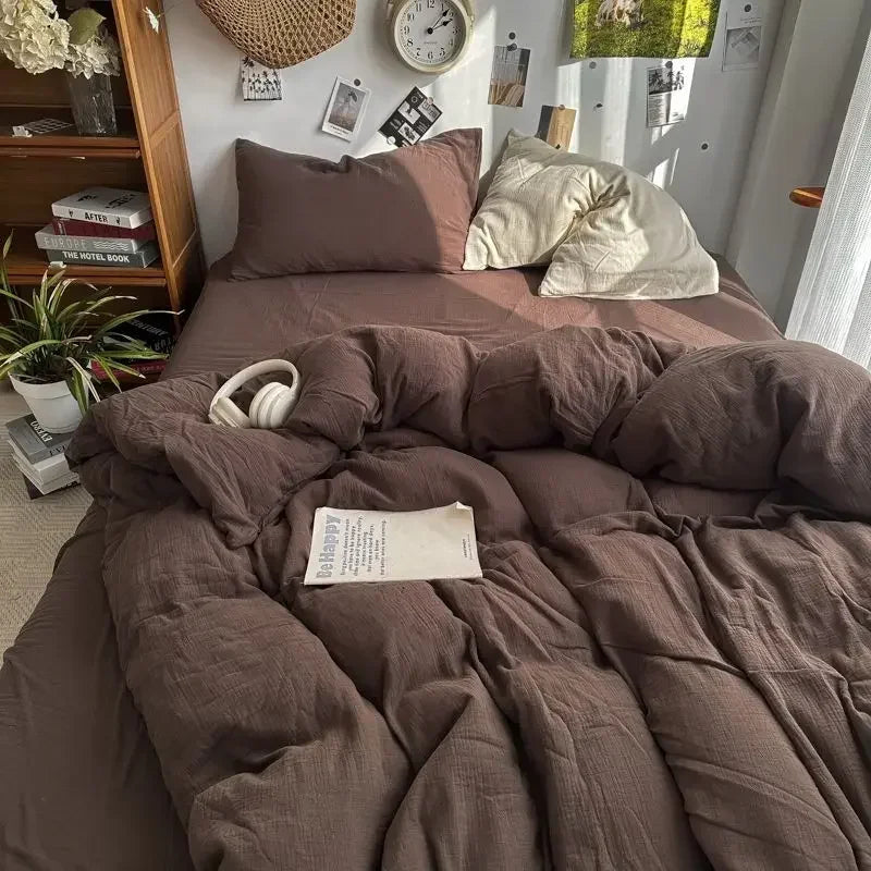 Bedding Set Ins Ambiance Blue Coffee Grid Mixed With Washed Cotton Minimalist Four Piece Set Fitted Sheets Duvet Cover