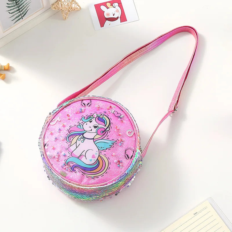 Kids Accessories Summer Lovely Kids Girls Sequin Crossbody Bag 3 Colors Cartoon Printed Round Shoulder Bag with Adjustable Strap