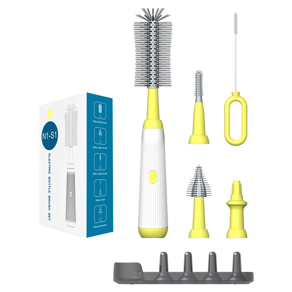 Electric 360 Degree Rotation 6 in 1 Silicone Baby Bottle Pacifier Brush Wash Water Cup Container Straw Cleaning Brush Set