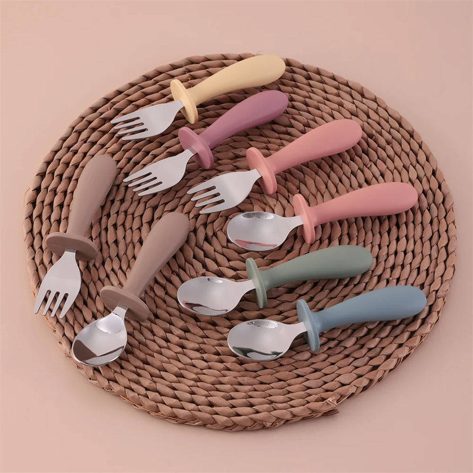 Color Kids 2PCS Stainless Steel Spoon Fork Set Dishwasher Safe BPA Free Utensils Baby Feeding Cutlery  Baby Newborn Items